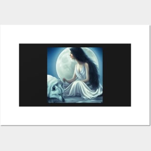 Beautiful Moon Goddess with Wolf #werewolf #moongoddess #fantasy Posters and Art